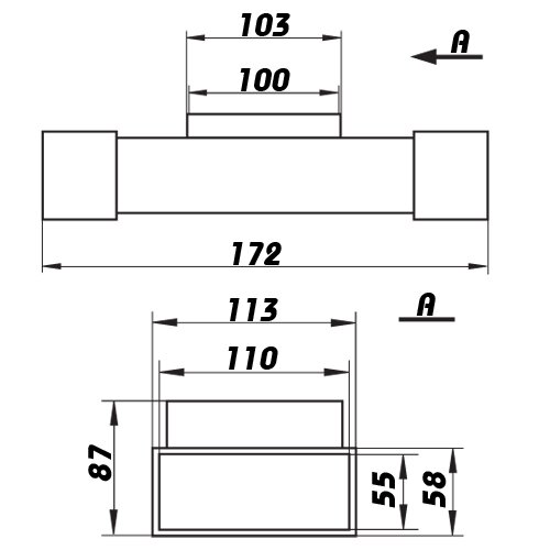 Flachkanal T-Stück 110x55 mm mit Adapter auf 100mm Rundrohr (531)