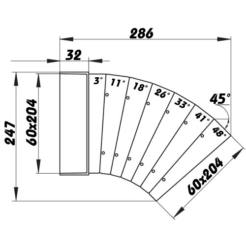 Flachkanal Winkel 45° horizontal 204x60 mm (polygonal) (82810)